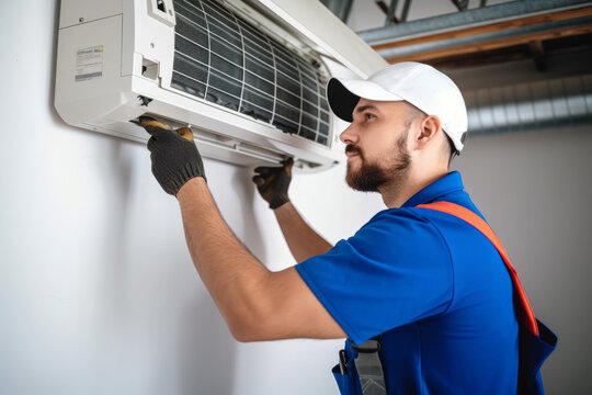 HVAC technician installing a mini split air conditioner in Moorpark