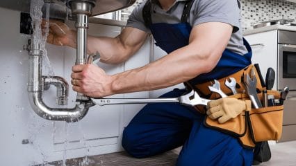 Plumber repairing pipes beneath a sink in Moorpark